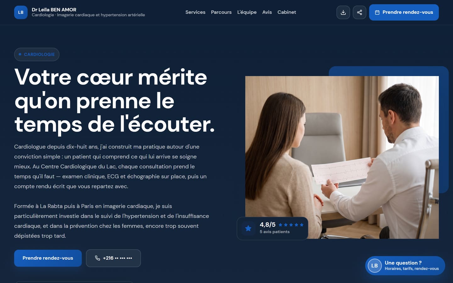 Page d'accueil d'un site Doctor-ID : présentation du médecin, bouton de prise de rendez-vous et bulle de l'assistant.